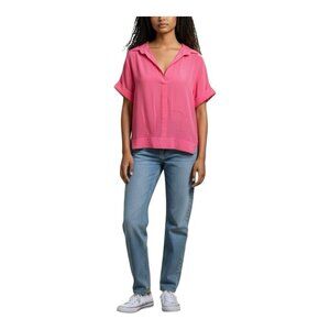 Inclan Studio Stevie Pink Top L Relaxed Fit High Low Hem Collared Silk Crepe